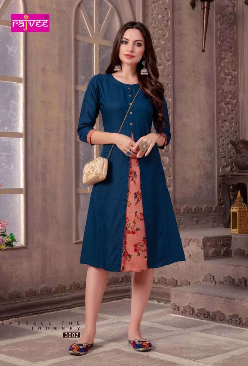 MORNI VOL-2 BY RAJVEE 3001 TO 3008 SERIES STYLISH FANCY BEAUTIFUL COLORFUL CASUAL WEAR & ETHNIC WEAR RAYON PRINTED KURTIS AT WHOLESALE PRICE