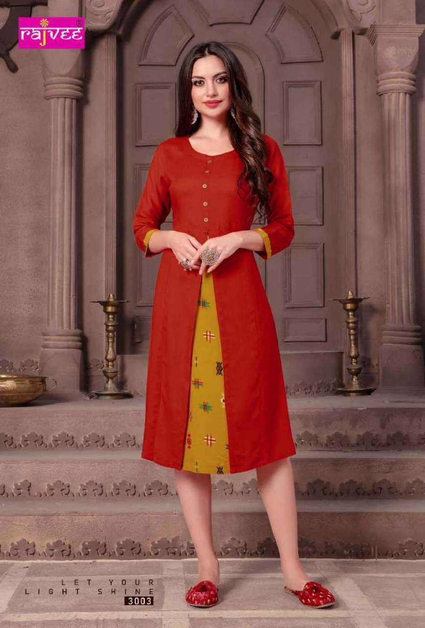 MORNI VOL-2 BY RAJVEE 3001 TO 3008 SERIES STYLISH FANCY BEAUTIFUL COLORFUL CASUAL WEAR & ETHNIC WEAR RAYON PRINTED KURTIS AT WHOLESALE PRICE
