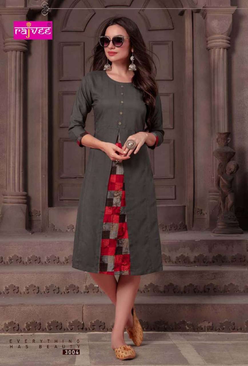 MORNI VOL-2 BY RAJVEE 3001 TO 3008 SERIES STYLISH FANCY BEAUTIFUL COLORFUL CASUAL WEAR & ETHNIC WEAR RAYON PRINTED KURTIS AT WHOLESALE PRICE
