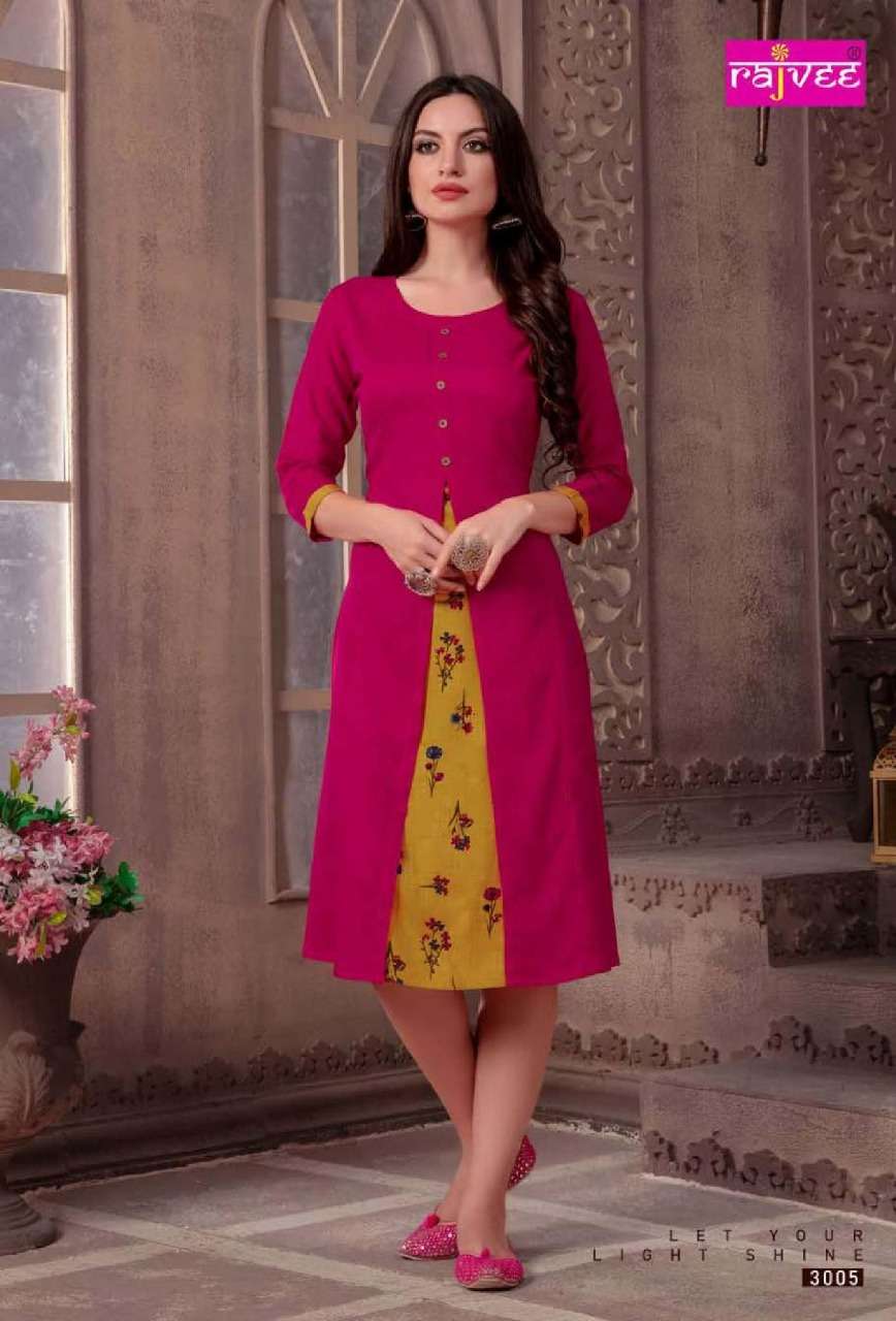 MORNI VOL-2 BY RAJVEE 3001 TO 3008 SERIES STYLISH FANCY BEAUTIFUL COLORFUL CASUAL WEAR & ETHNIC WEAR RAYON PRINTED KURTIS AT WHOLESALE PRICE