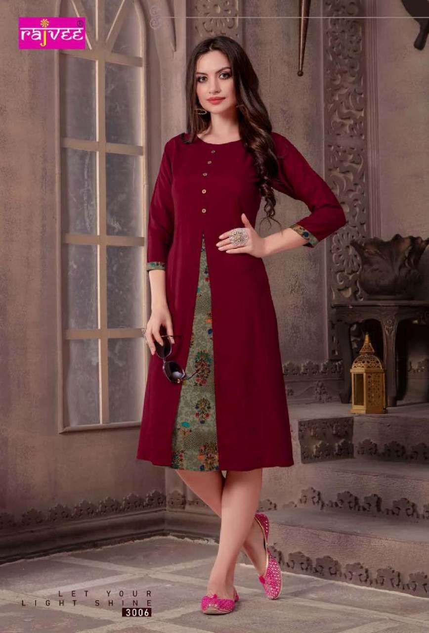 MORNI VOL-2 BY RAJVEE 3001 TO 3008 SERIES STYLISH FANCY BEAUTIFUL COLORFUL CASUAL WEAR & ETHNIC WEAR RAYON PRINTED KURTIS AT WHOLESALE PRICE
