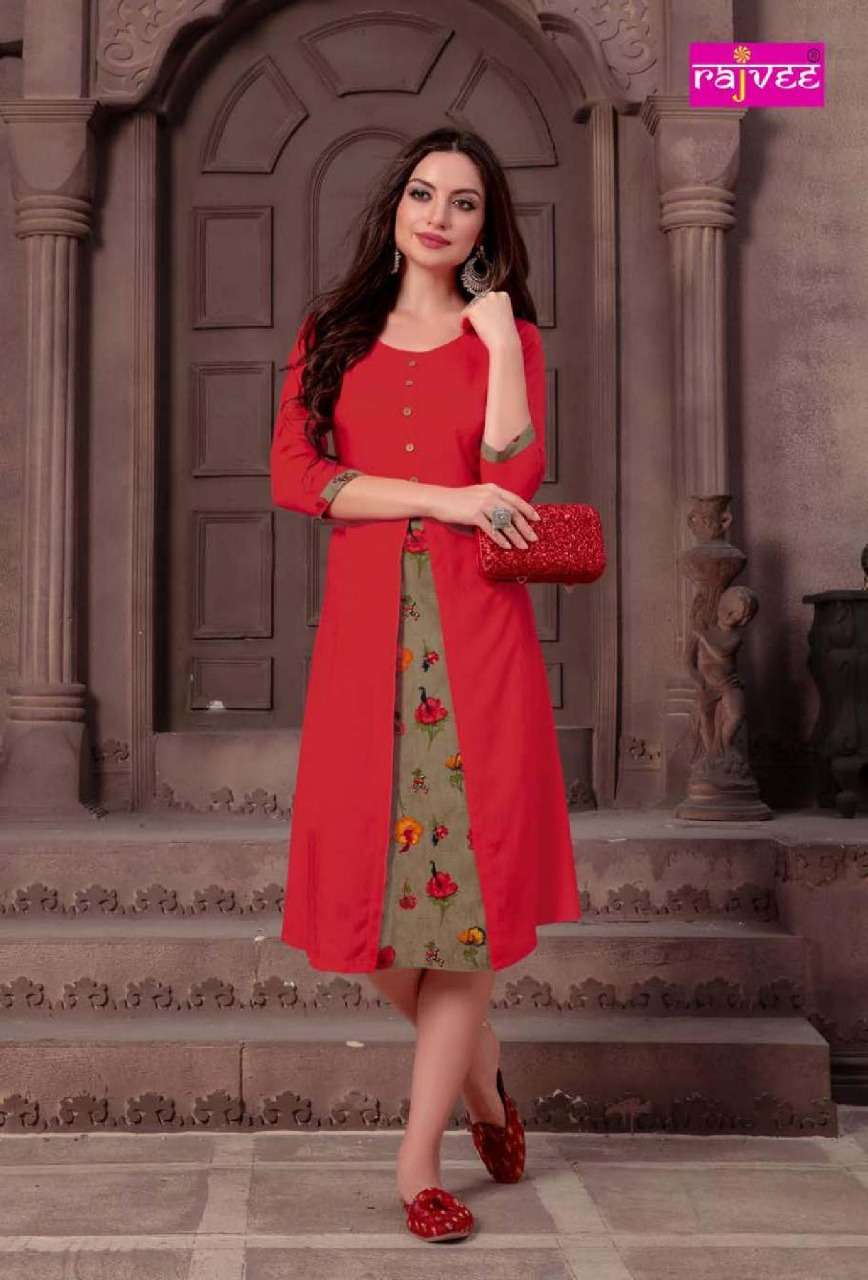 MORNI VOL-2 BY RAJVEE 3001 TO 3008 SERIES STYLISH FANCY BEAUTIFUL COLORFUL CASUAL WEAR & ETHNIC WEAR RAYON PRINTED KURTIS AT WHOLESALE PRICE