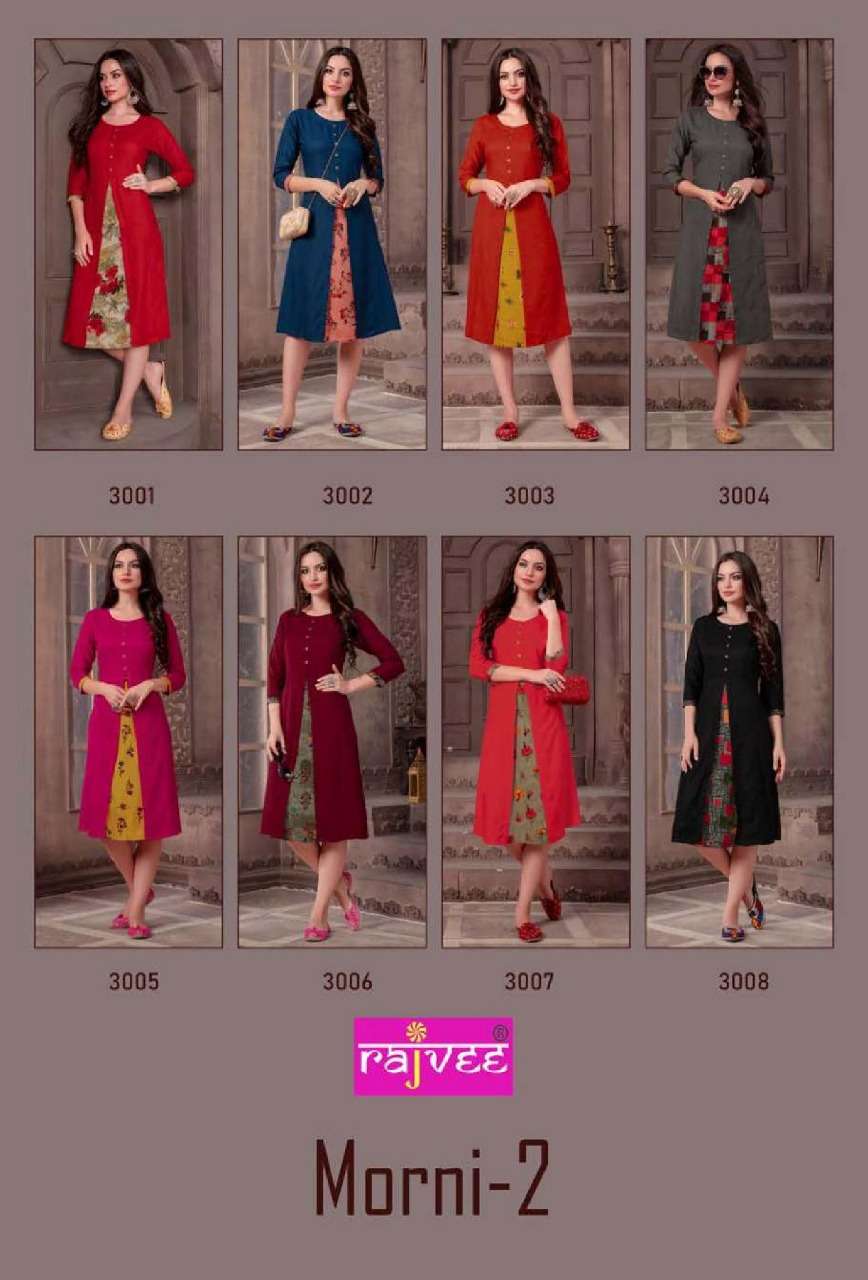 MORNI VOL-2 BY RAJVEE 3001 TO 3008 SERIES STYLISH FANCY BEAUTIFUL COLORFUL CASUAL WEAR & ETHNIC WEAR RAYON PRINTED KURTIS AT WHOLESALE PRICE