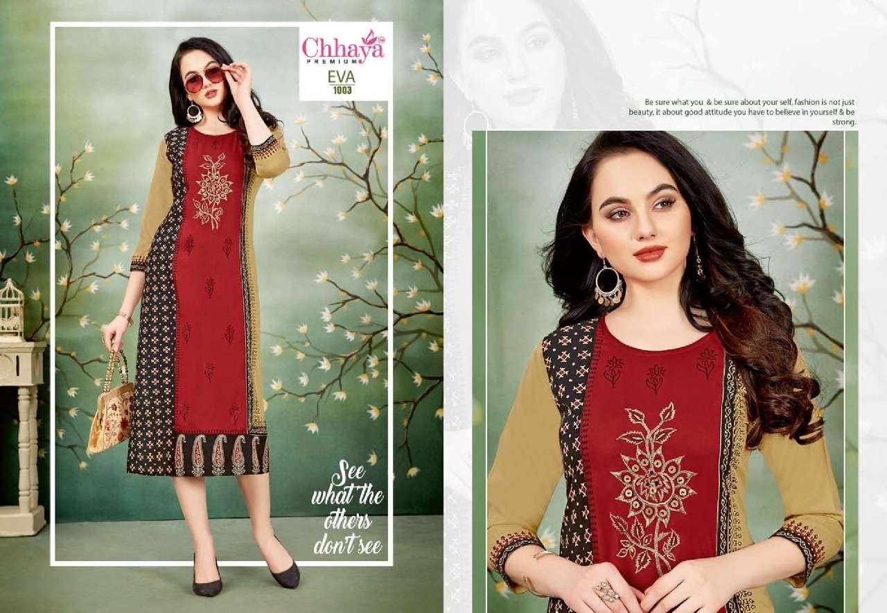 EVA BY CHHAYA 1001 TO 1010 SERIES STYLISH FANCY BEAUTIFUL COLORFUL CASUAL WEAR & ETHNIC WEAR HEAVY RAYON KURTIS AT WHOLESALE PRICE