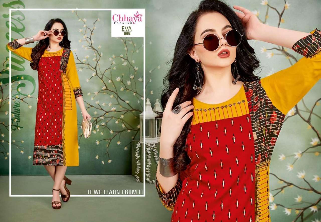 EVA BY CHHAYA 1001 TO 1010 SERIES STYLISH FANCY BEAUTIFUL COLORFUL CASUAL WEAR & ETHNIC WEAR HEAVY RAYON KURTIS AT WHOLESALE PRICE