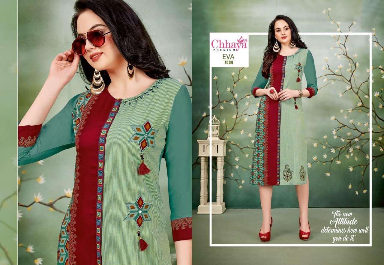 EVA BY CHHAYA 1001 TO 1010 SERIES STYLISH FANCY BEAUTIFUL COLORFUL CASUAL WEAR & ETHNIC WEAR HEAVY RAYON KURTIS AT WHOLESALE PRICE