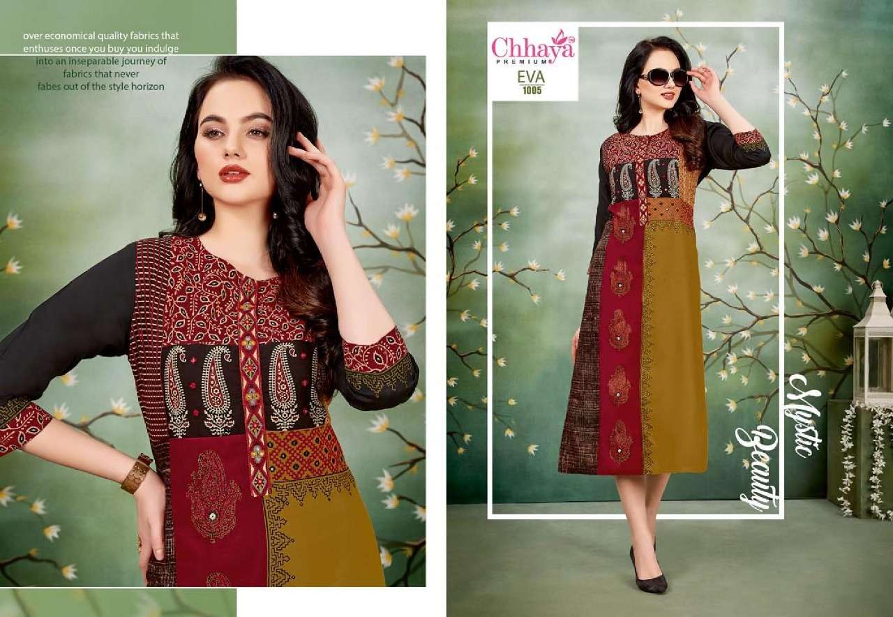 EVA BY CHHAYA 1001 TO 1010 SERIES STYLISH FANCY BEAUTIFUL COLORFUL CASUAL WEAR & ETHNIC WEAR HEAVY RAYON KURTIS AT WHOLESALE PRICE