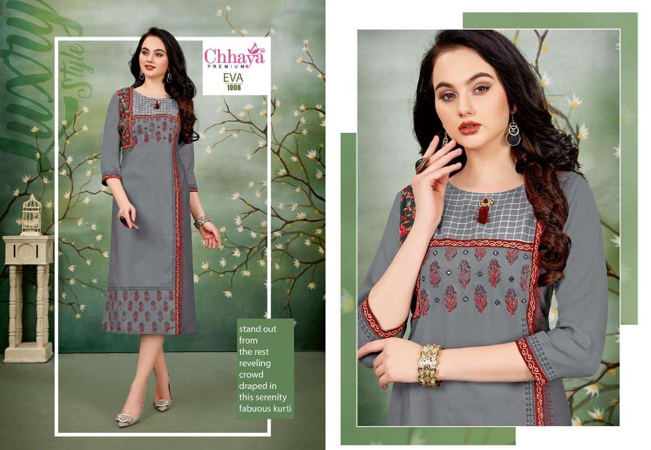 EVA BY CHHAYA 1001 TO 1010 SERIES STYLISH FANCY BEAUTIFUL COLORFUL CASUAL WEAR & ETHNIC WEAR HEAVY RAYON KURTIS AT WHOLESALE PRICE