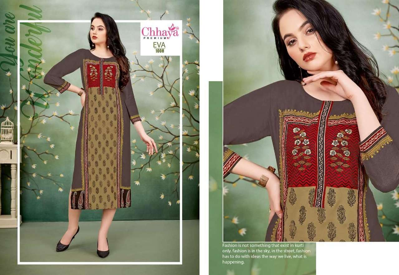 EVA BY CHHAYA 1001 TO 1010 SERIES STYLISH FANCY BEAUTIFUL COLORFUL CASUAL WEAR & ETHNIC WEAR HEAVY RAYON KURTIS AT WHOLESALE PRICE