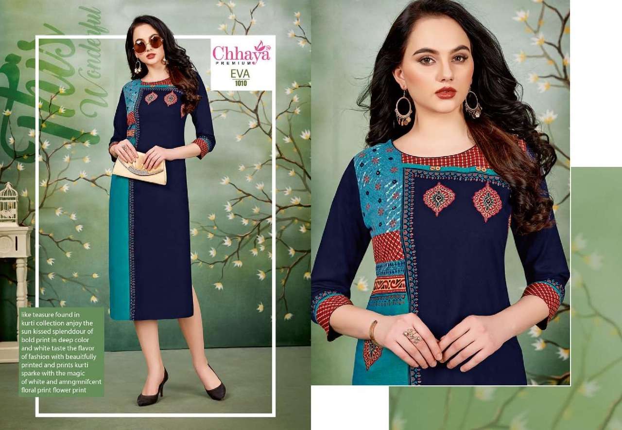 EVA BY CHHAYA 1001 TO 1010 SERIES STYLISH FANCY BEAUTIFUL COLORFUL CASUAL WEAR & ETHNIC WEAR HEAVY RAYON KURTIS AT WHOLESALE PRICE