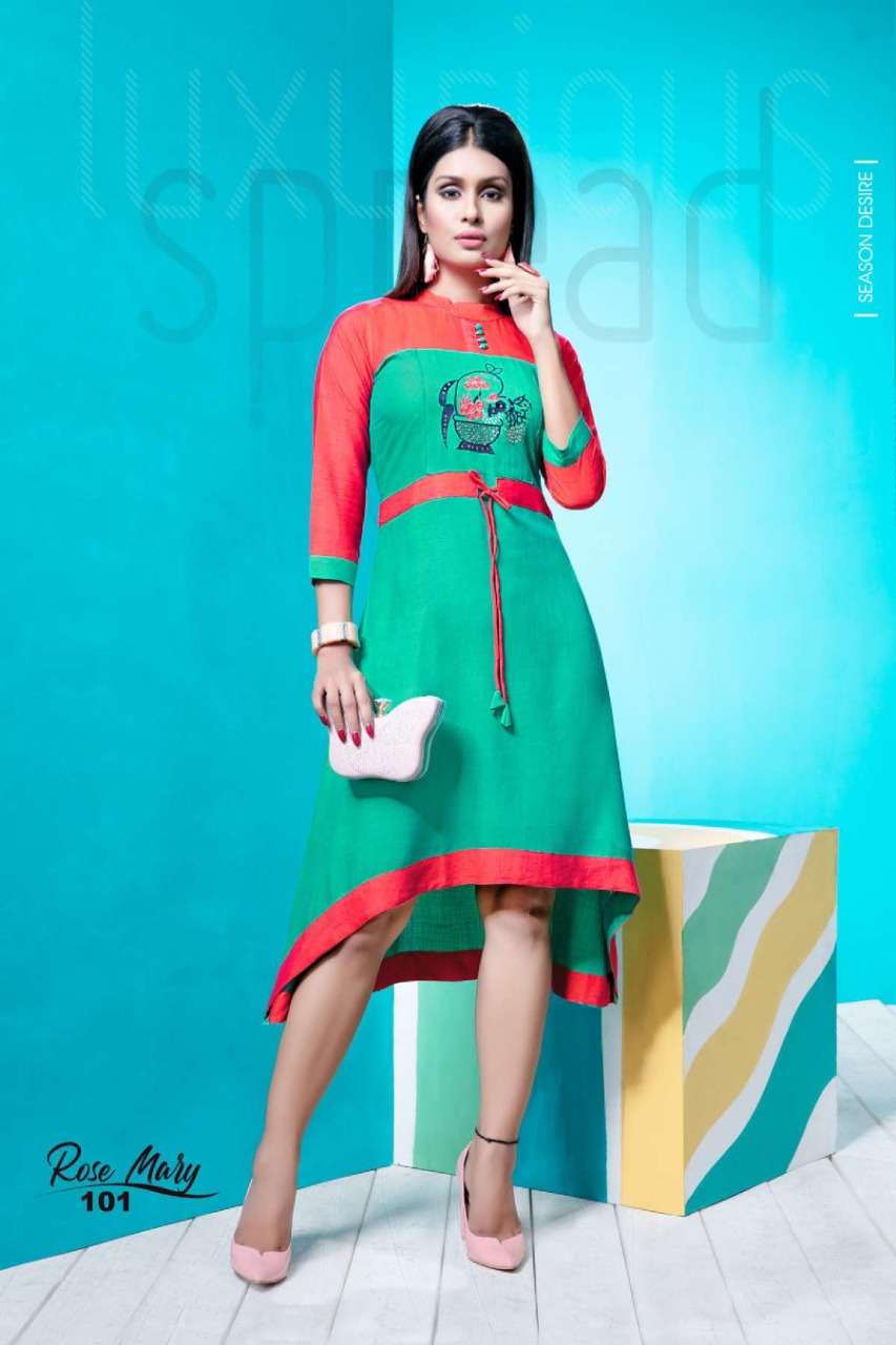 ROSE MARY BY KS4U 101 TO 106 SERIES STYLISH FANCY BEAUTIFUL COLORFUL CASUAL WEAR & ETHNIC WEAR RAYON TWO TONE KURTIS AT WHOLESALE PRICE