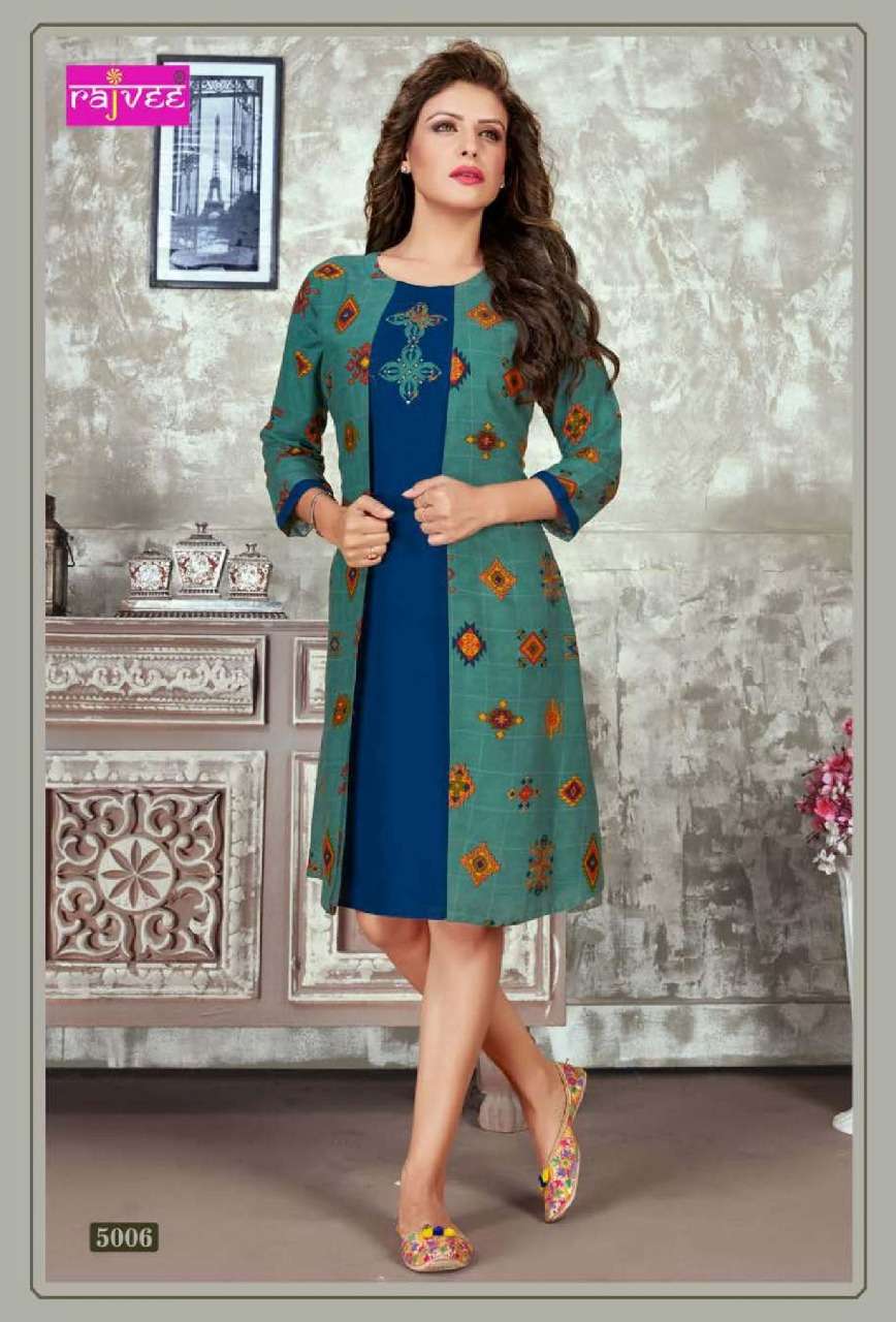 MOMENT VOL-2 BY RAJVEE 5001 TO 5008 SERIES STYLISH FANCY BEAUTIFUL COLORFUL CASUAL WEAR & ETHNIC WEAR RAYON PRINTED KURTIS AT WHOLESALE PRICE
