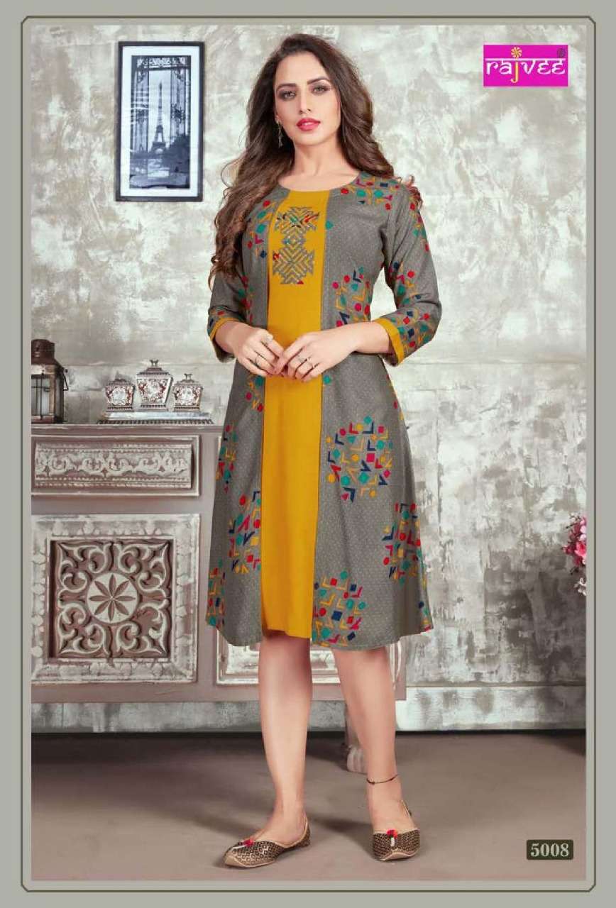 MOMENT VOL-2 BY RAJVEE 5001 TO 5008 SERIES STYLISH FANCY BEAUTIFUL COLORFUL CASUAL WEAR & ETHNIC WEAR RAYON PRINTED KURTIS AT WHOLESALE PRICE