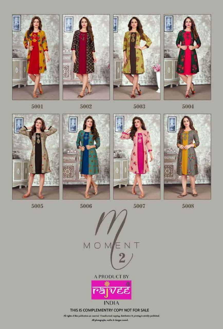 MOMENT VOL-2 BY RAJVEE 5001 TO 5008 SERIES STYLISH FANCY BEAUTIFUL COLORFUL CASUAL WEAR & ETHNIC WEAR RAYON PRINTED KURTIS AT WHOLESALE PRICE