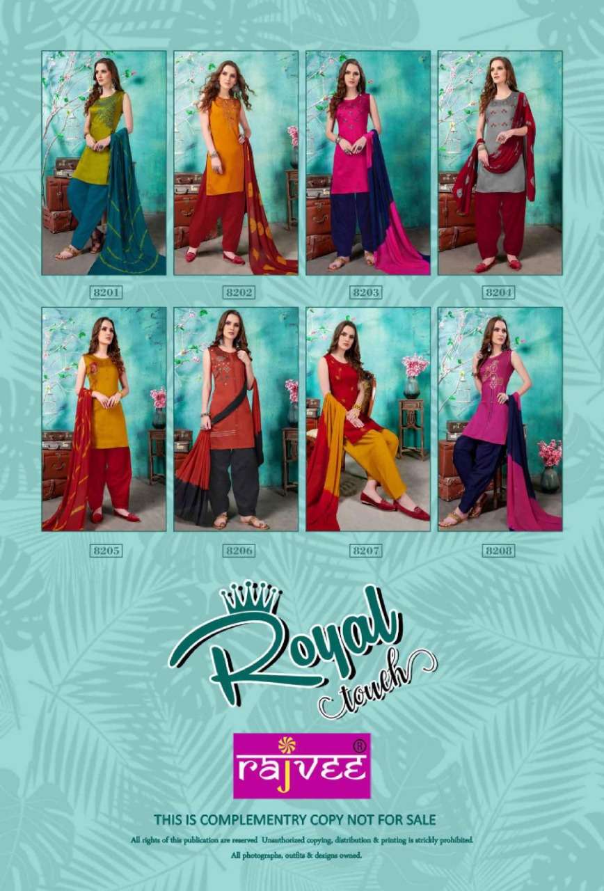 ROYAL TOUCH BY RAJVEE 8201 TO 8208 SERIES DESIGNER PATIYALA SUITS BEAUTIFUL FANCY COLORFUL STYLISH PARTY WEAR & ETHNIC WEAR SILK PRINTED DRESSES AT WHOLESALE PRICE