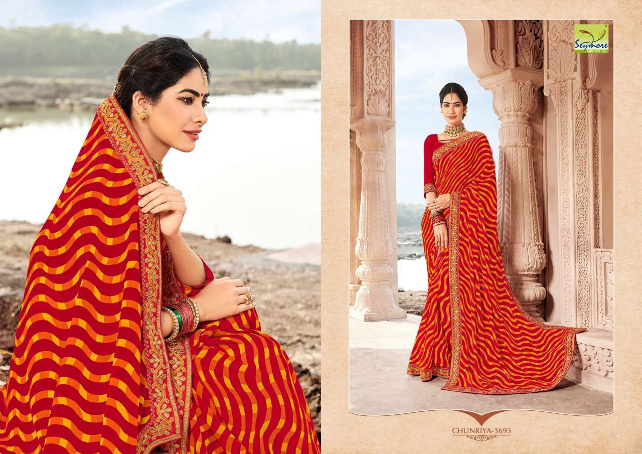 CHUNRIYA VOL-8 BY SEYMORE 3691 TO 3706 SERIES INDIAN TRADITIONAL WEAR COLLECTION BEAUTIFUL STYLISH FANCY COLORFUL PARTY WEAR & OCCASIONAL WEAR GEORGETTE WITH HEAVY BORDER SAREES AT WHOLESALE PRICE