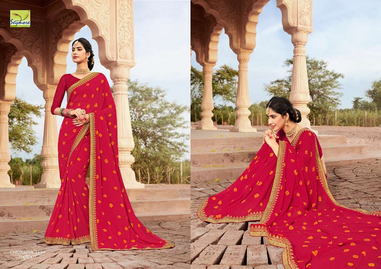 CHUNRIYA VOL-8 BY SEYMORE 3691 TO 3706 SERIES INDIAN TRADITIONAL WEAR COLLECTION BEAUTIFUL STYLISH FANCY COLORFUL PARTY WEAR & OCCASIONAL WEAR GEORGETTE WITH HEAVY BORDER SAREES AT WHOLESALE PRICE