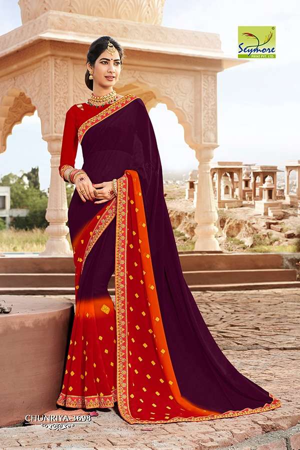 CHUNRIYA VOL-8 BY SEYMORE 3691 TO 3706 SERIES INDIAN TRADITIONAL WEAR COLLECTION BEAUTIFUL STYLISH FANCY COLORFUL PARTY WEAR & OCCASIONAL WEAR GEORGETTE WITH HEAVY BORDER SAREES AT WHOLESALE PRICE