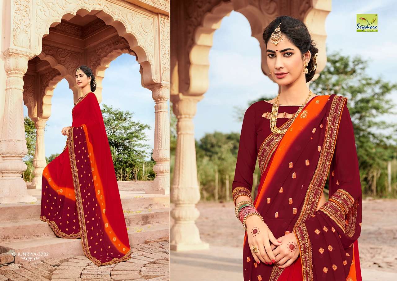 CHUNRIYA VOL-8 BY SEYMORE 3691 TO 3706 SERIES INDIAN TRADITIONAL WEAR COLLECTION BEAUTIFUL STYLISH FANCY COLORFUL PARTY WEAR & OCCASIONAL WEAR GEORGETTE WITH HEAVY BORDER SAREES AT WHOLESALE PRICE