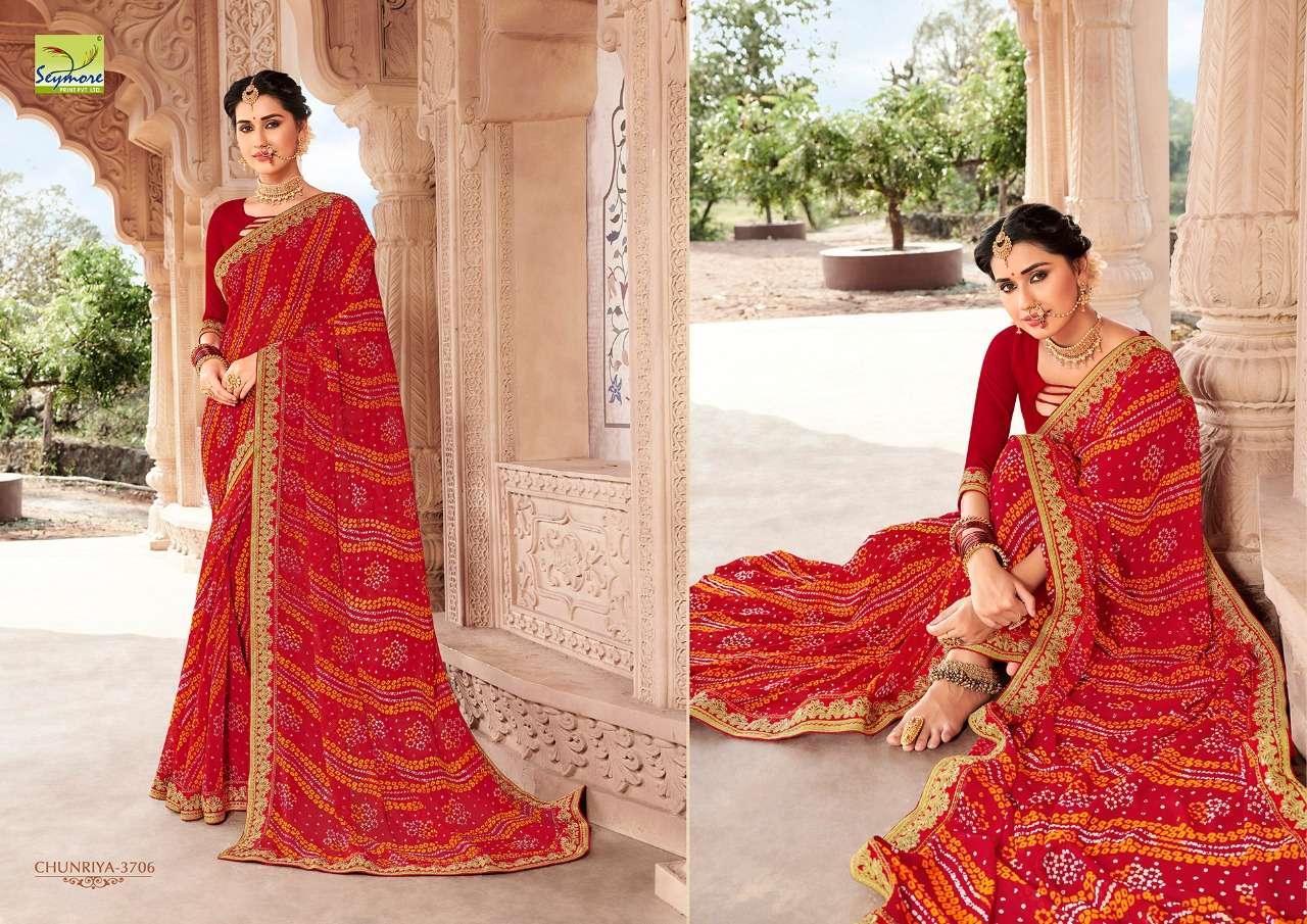 CHUNRIYA VOL-8 BY SEYMORE 3691 TO 3706 SERIES INDIAN TRADITIONAL WEAR COLLECTION BEAUTIFUL STYLISH FANCY COLORFUL PARTY WEAR & OCCASIONAL WEAR GEORGETTE WITH HEAVY BORDER SAREES AT WHOLESALE PRICE