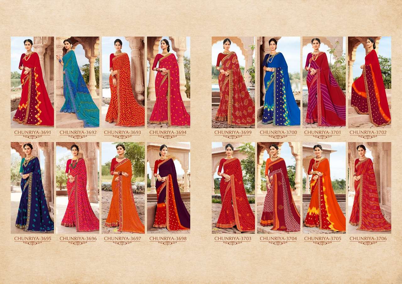CHUNRIYA VOL-8 BY SEYMORE 3691 TO 3706 SERIES INDIAN TRADITIONAL WEAR COLLECTION BEAUTIFUL STYLISH FANCY COLORFUL PARTY WEAR & OCCASIONAL WEAR GEORGETTE WITH HEAVY BORDER SAREES AT WHOLESALE PRICE