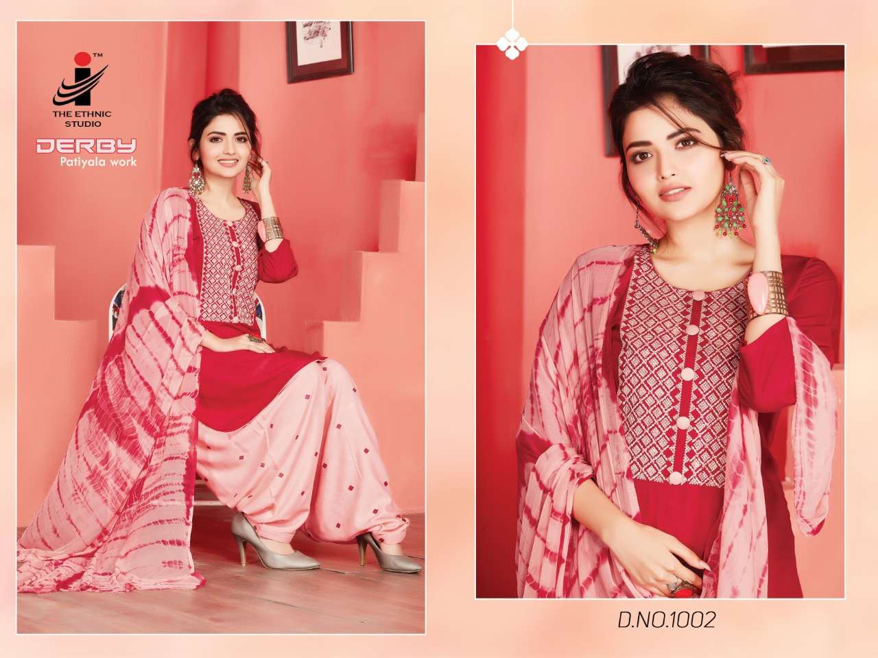DERBY BY THE ETHNIC STUDIO 1001 TO 1008 SERIES DESIGNER PATIYALA SUITS BEAUTIFUL FANCY COLORFUL STYLISH PARTY WEAR & ETHNIC WEAR RAYON WITH EMBROIDERY DRESSES AT WHOLESALE PRICE