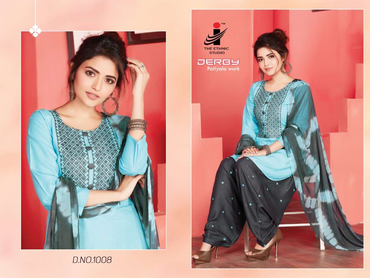 DERBY BY THE ETHNIC STUDIO 1001 TO 1008 SERIES DESIGNER PATIYALA SUITS BEAUTIFUL FANCY COLORFUL STYLISH PARTY WEAR & ETHNIC WEAR RAYON WITH EMBROIDERY DRESSES AT WHOLESALE PRICE
