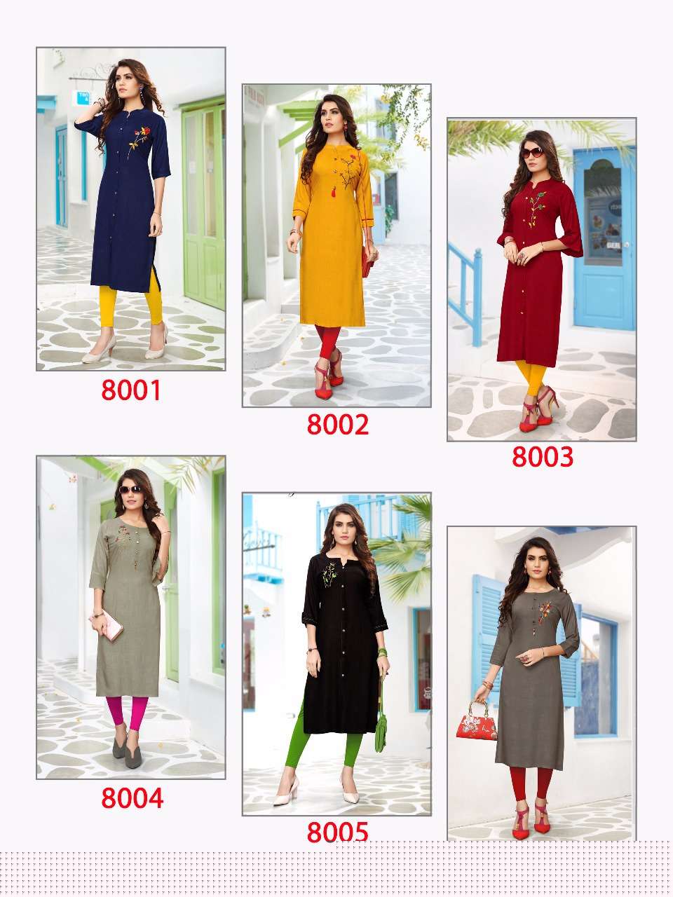 SITARA STEP VOL-8 BY STREE FASHION 8001 TO 8006 SERIES STYLISH FANCY BEAUTIFUL COLORFUL CASUAL WEAR & ETHNIC WEAR HEAVY RAYON SLUB WITH HAND WORK KURTIS AT WHOLESALE PRICE