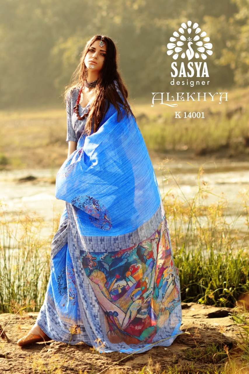 ALEKHYA BY SASYA DESIGNER 14001 TO 14010 SERIES INDIAN TRADITIONAL WEAR COLLECTION BEAUTIFUL STYLISH FANCY COLORFUL PARTY WEAR & OCCASIONAL WEAR PURE LINEN ZARI BORDER SAREES AT WHOLESALE PRICE