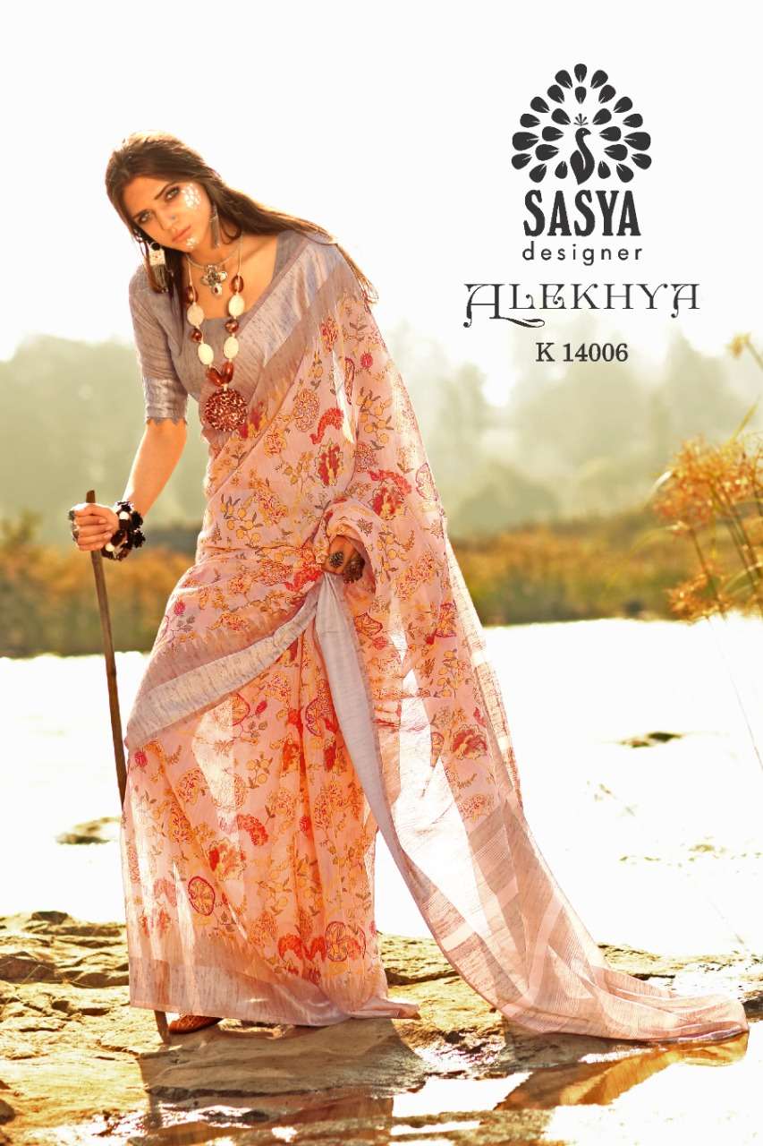 ALEKHYA BY SASYA DESIGNER 14001 TO 14010 SERIES INDIAN TRADITIONAL WEAR COLLECTION BEAUTIFUL STYLISH FANCY COLORFUL PARTY WEAR & OCCASIONAL WEAR PURE LINEN ZARI BORDER SAREES AT WHOLESALE PRICE