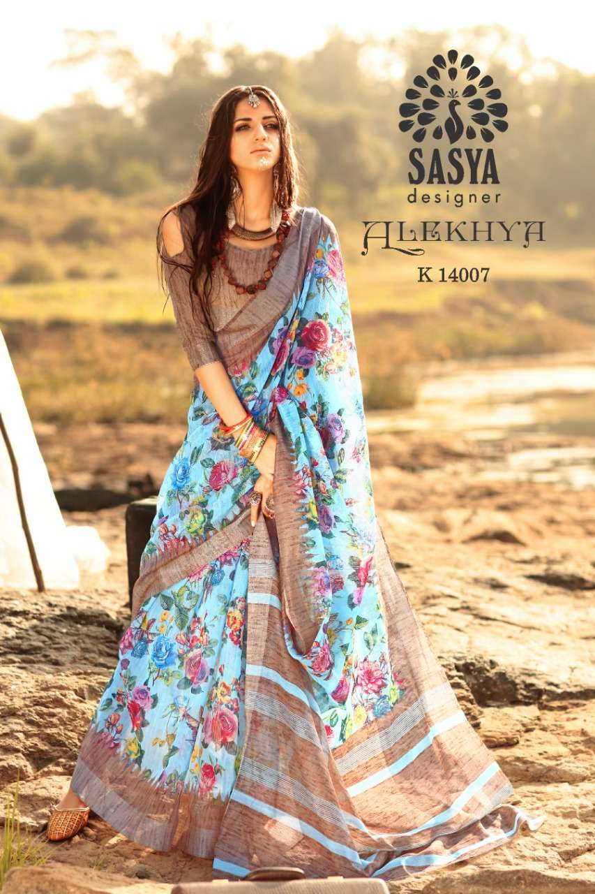 ALEKHYA BY SASYA DESIGNER 14001 TO 14010 SERIES INDIAN TRADITIONAL WEAR COLLECTION BEAUTIFUL STYLISH FANCY COLORFUL PARTY WEAR & OCCASIONAL WEAR PURE LINEN ZARI BORDER SAREES AT WHOLESALE PRICE