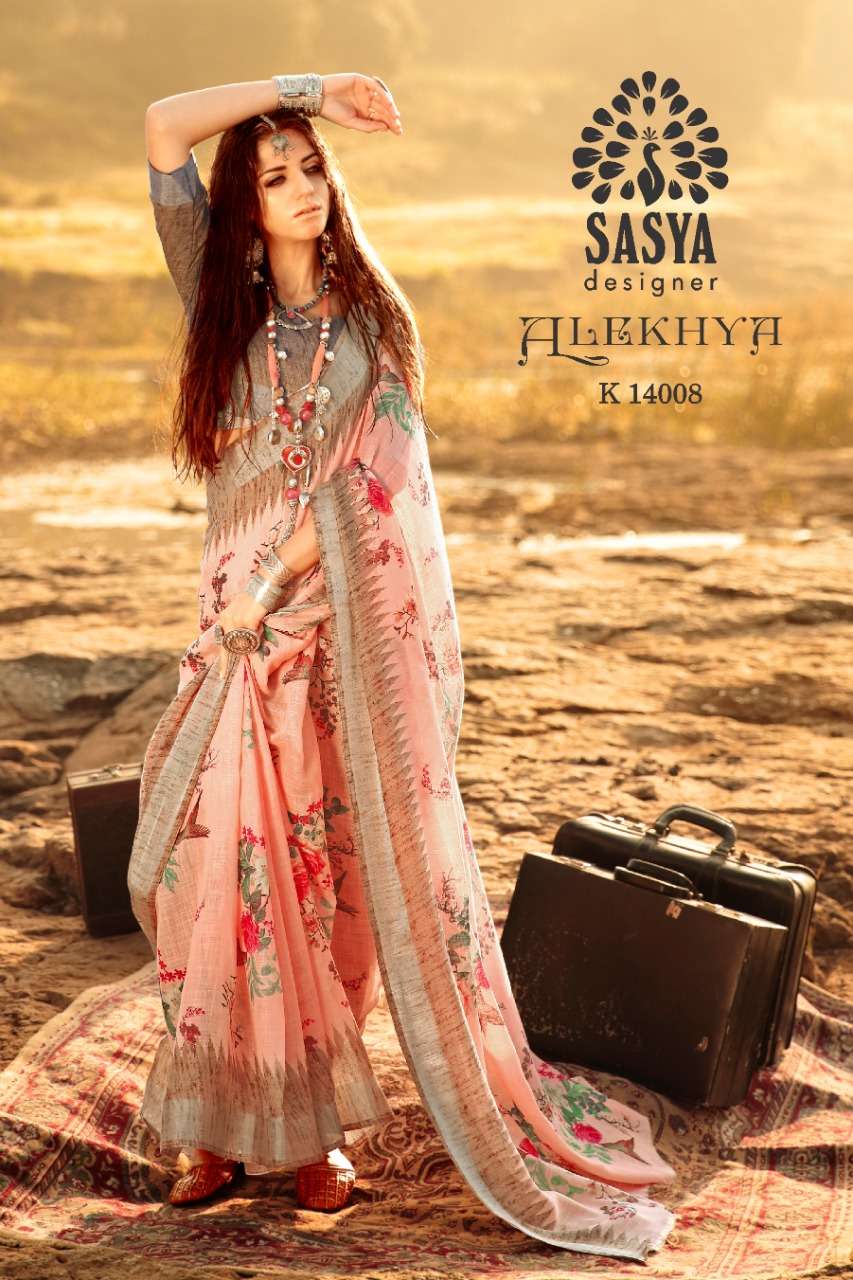 ALEKHYA BY SASYA DESIGNER 14001 TO 14010 SERIES INDIAN TRADITIONAL WEAR COLLECTION BEAUTIFUL STYLISH FANCY COLORFUL PARTY WEAR & OCCASIONAL WEAR PURE LINEN ZARI BORDER SAREES AT WHOLESALE PRICE