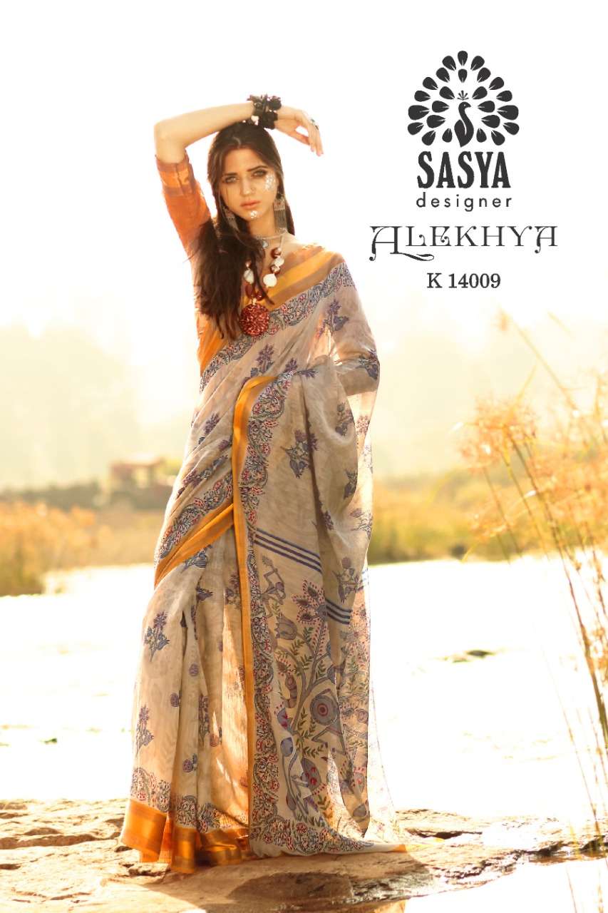 ALEKHYA BY SASYA DESIGNER 14001 TO 14010 SERIES INDIAN TRADITIONAL WEAR COLLECTION BEAUTIFUL STYLISH FANCY COLORFUL PARTY WEAR & OCCASIONAL WEAR PURE LINEN ZARI BORDER SAREES AT WHOLESALE PRICE
