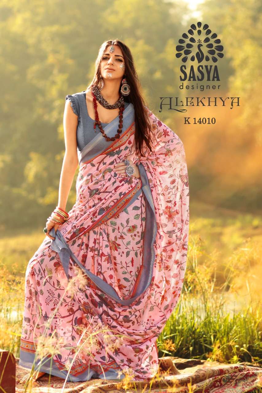 ALEKHYA BY SASYA DESIGNER 14001 TO 14010 SERIES INDIAN TRADITIONAL WEAR COLLECTION BEAUTIFUL STYLISH FANCY COLORFUL PARTY WEAR & OCCASIONAL WEAR PURE LINEN ZARI BORDER SAREES AT WHOLESALE PRICE