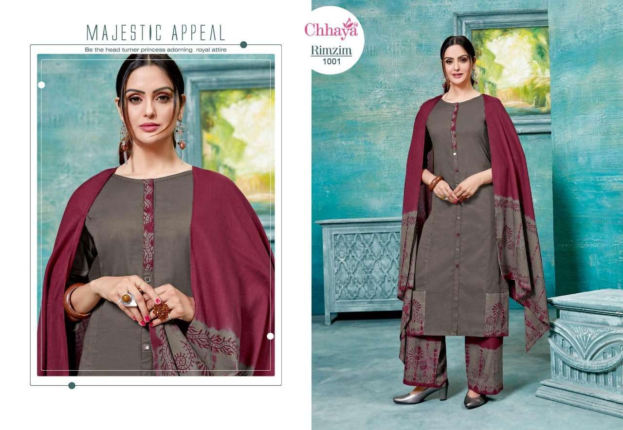 RIMZIM BY CHHAYA 1001 TO 1007 SERIES DESIGNER SUITS COLLECTION BEAUTIFUL STYLISH FANCY COLORFUL PARTY WEAR & OCCASIONAL WEAR PLAIN COTTON PRINTED DRESSES AT WHOLESALE PRICE