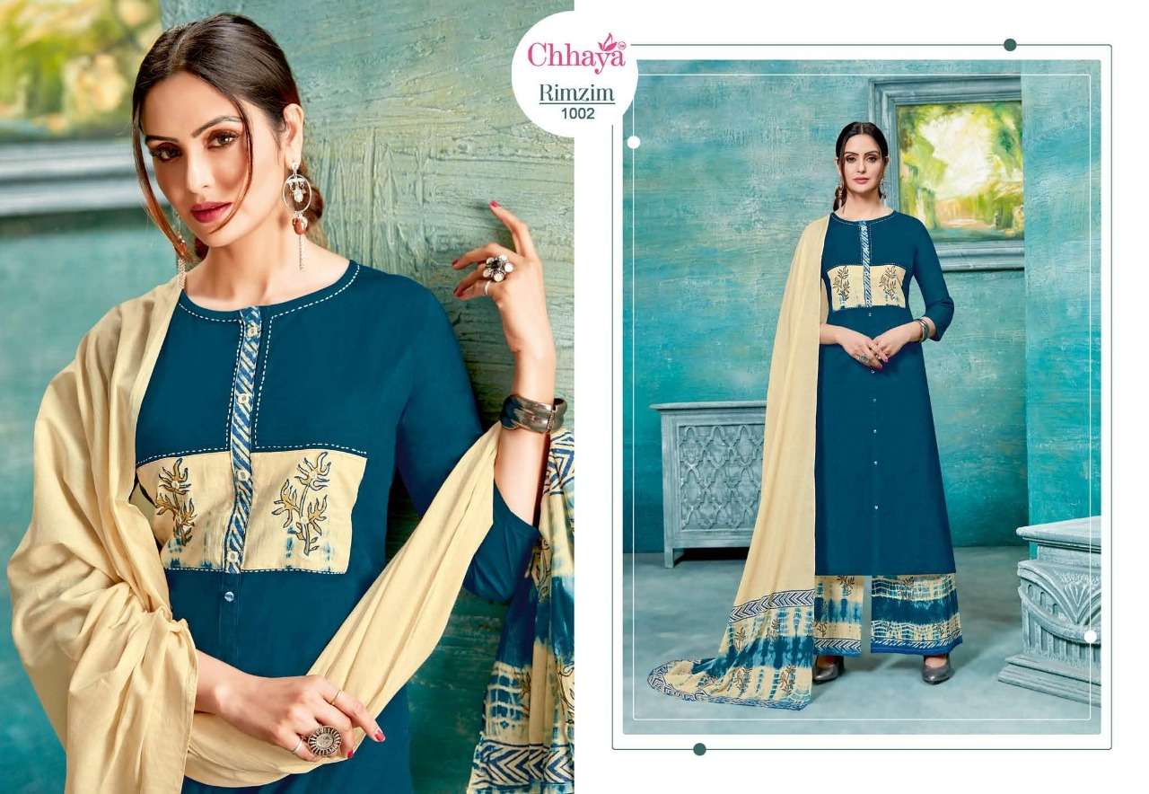 RIMZIM BY CHHAYA 1001 TO 1007 SERIES DESIGNER SUITS COLLECTION BEAUTIFUL STYLISH FANCY COLORFUL PARTY WEAR & OCCASIONAL WEAR PLAIN COTTON PRINTED DRESSES AT WHOLESALE PRICE