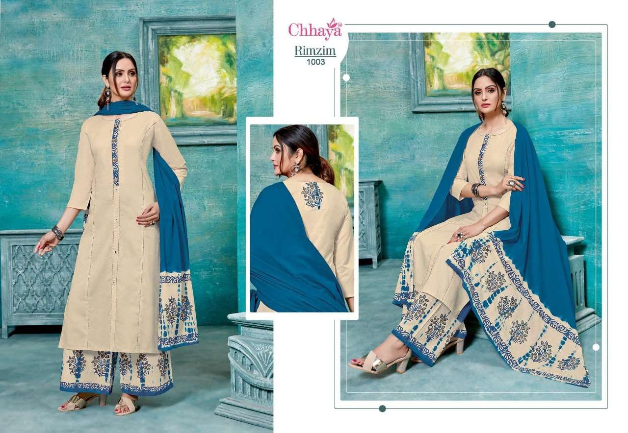 RIMZIM BY CHHAYA 1001 TO 1007 SERIES DESIGNER SUITS COLLECTION BEAUTIFUL STYLISH FANCY COLORFUL PARTY WEAR & OCCASIONAL WEAR PLAIN COTTON PRINTED DRESSES AT WHOLESALE PRICE