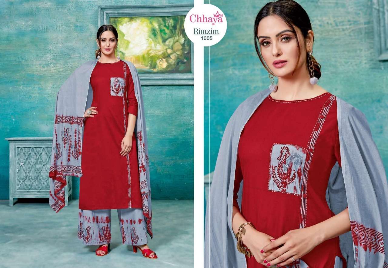 RIMZIM BY CHHAYA 1001 TO 1007 SERIES DESIGNER SUITS COLLECTION BEAUTIFUL STYLISH FANCY COLORFUL PARTY WEAR & OCCASIONAL WEAR PLAIN COTTON PRINTED DRESSES AT WHOLESALE PRICE