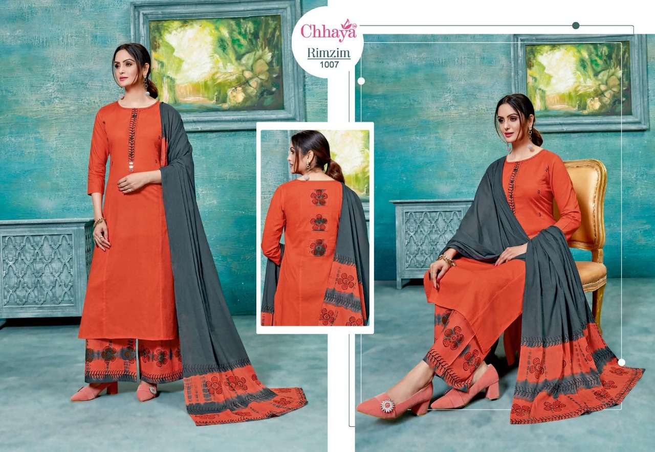 RIMZIM BY CHHAYA 1001 TO 1007 SERIES DESIGNER SUITS COLLECTION BEAUTIFUL STYLISH FANCY COLORFUL PARTY WEAR & OCCASIONAL WEAR PLAIN COTTON PRINTED DRESSES AT WHOLESALE PRICE