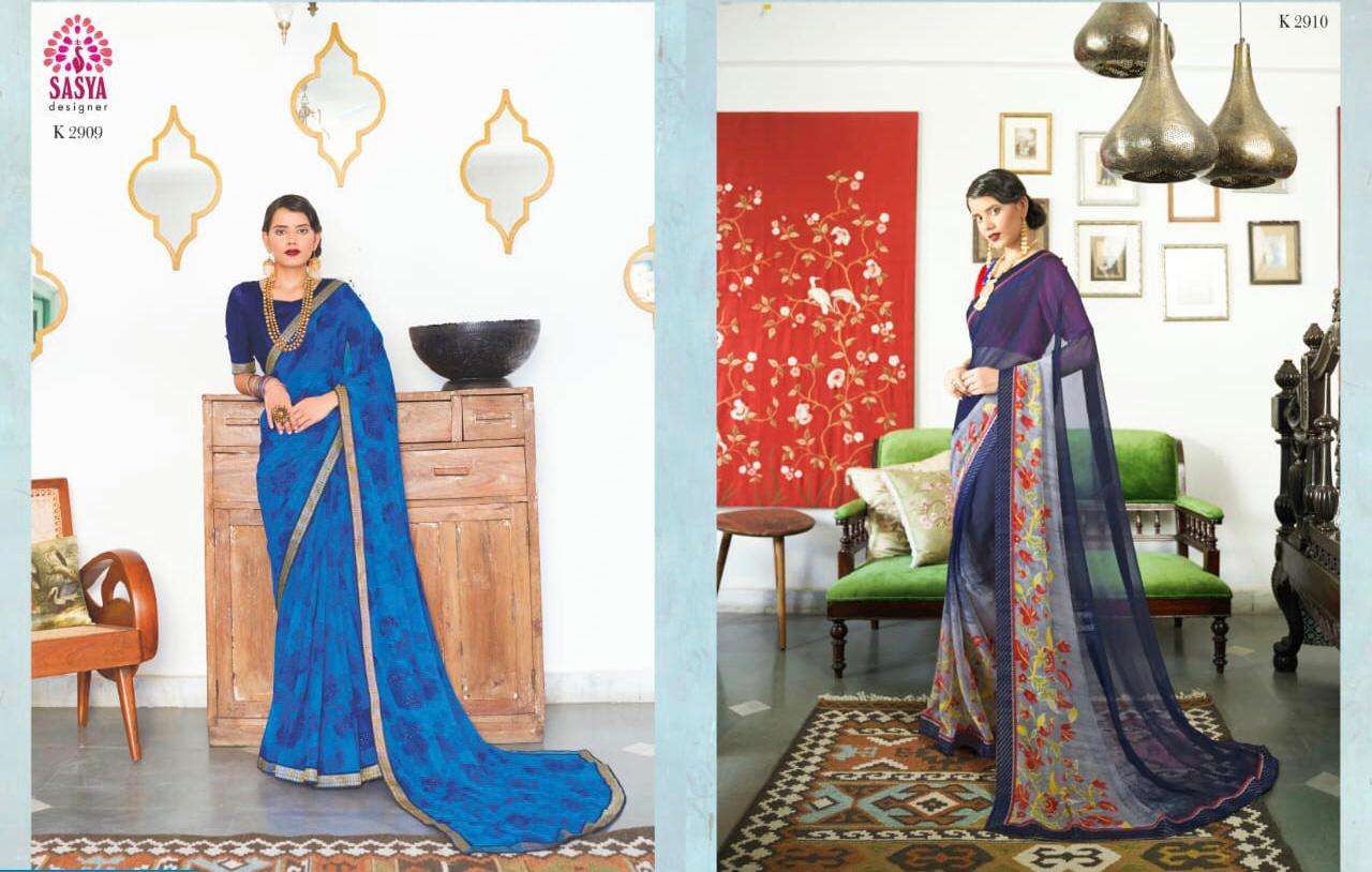 SAKUNTALA BY SASYA DESIGNER 2901 TO 2912 SERIES INDIAN TRADITIONAL WEAR COLLECTION BEAUTIFUL STYLISH FANCY COLORFUL PARTY WEAR & OCCASIONAL WEAR RICH SILK GEORGETTE SAREES AT WHOLESALE PRICE