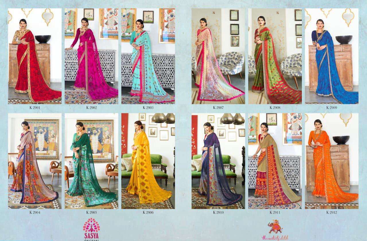 SAKUNTALA BY SASYA DESIGNER 2901 TO 2912 SERIES INDIAN TRADITIONAL WEAR COLLECTION BEAUTIFUL STYLISH FANCY COLORFUL PARTY WEAR & OCCASIONAL WEAR RICH SILK GEORGETTE SAREES AT WHOLESALE PRICE