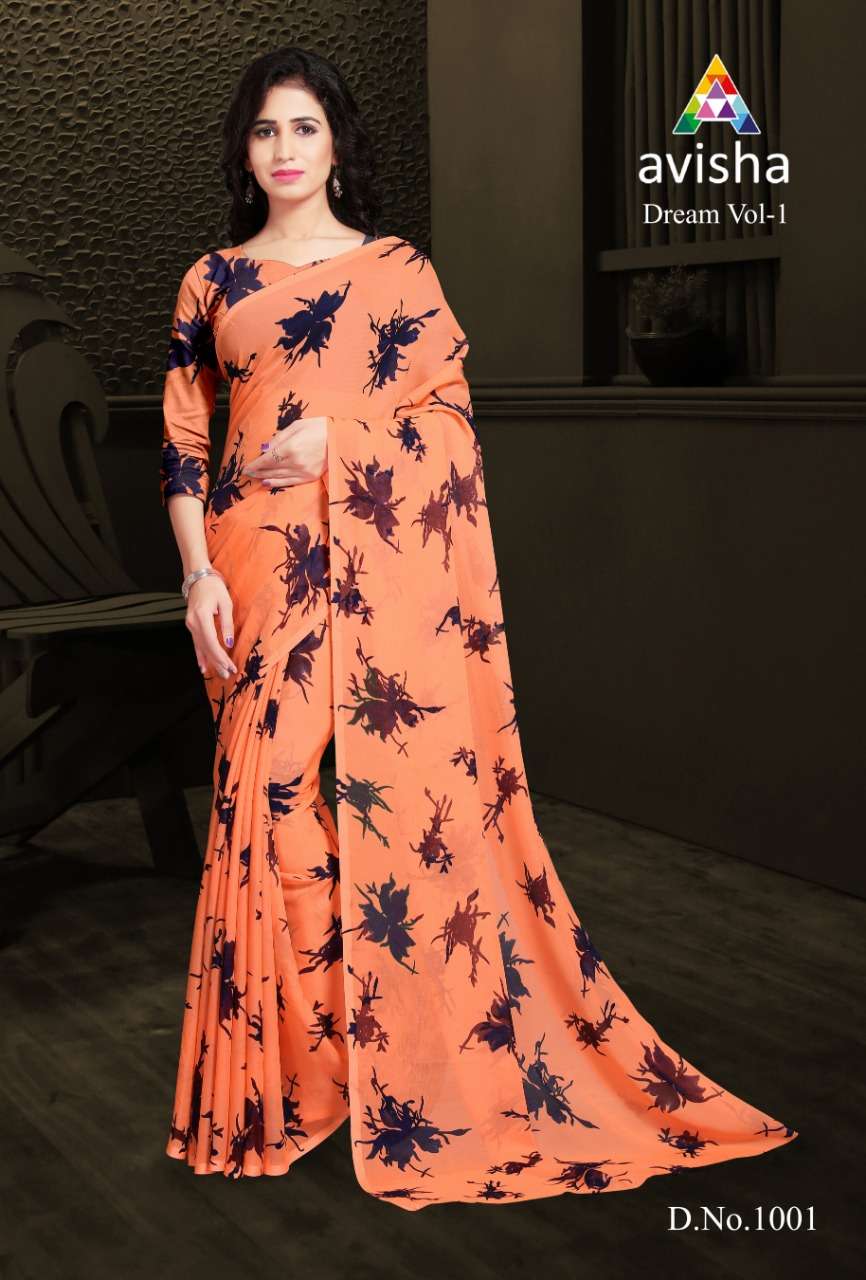 DREAM BY AVISHA INDIAN TRADITIONAL WEAR COLLECTION BEAUTIFUL STYLISH FANCY COLORFUL PARTY WEAR & OCCASIONAL WEAR GEORGETTE SAREES AT WHOLESALE PRICE
