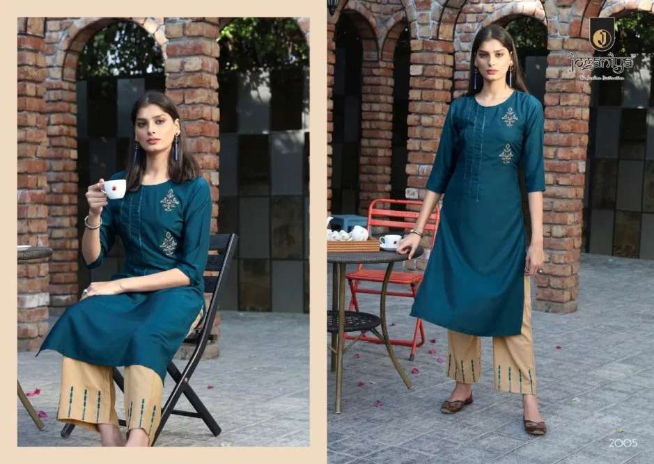 BLUSH BY JOGANIYA 2001 TO 2006 SERIES BEAUTIFUL STYLISH FANCY COLORFUL CASUAL WEAR & ETHNIC WEAR MUSLIN EMBROIDERED KURTIS WITH BOTTOM AT WHOLESALE PRICE