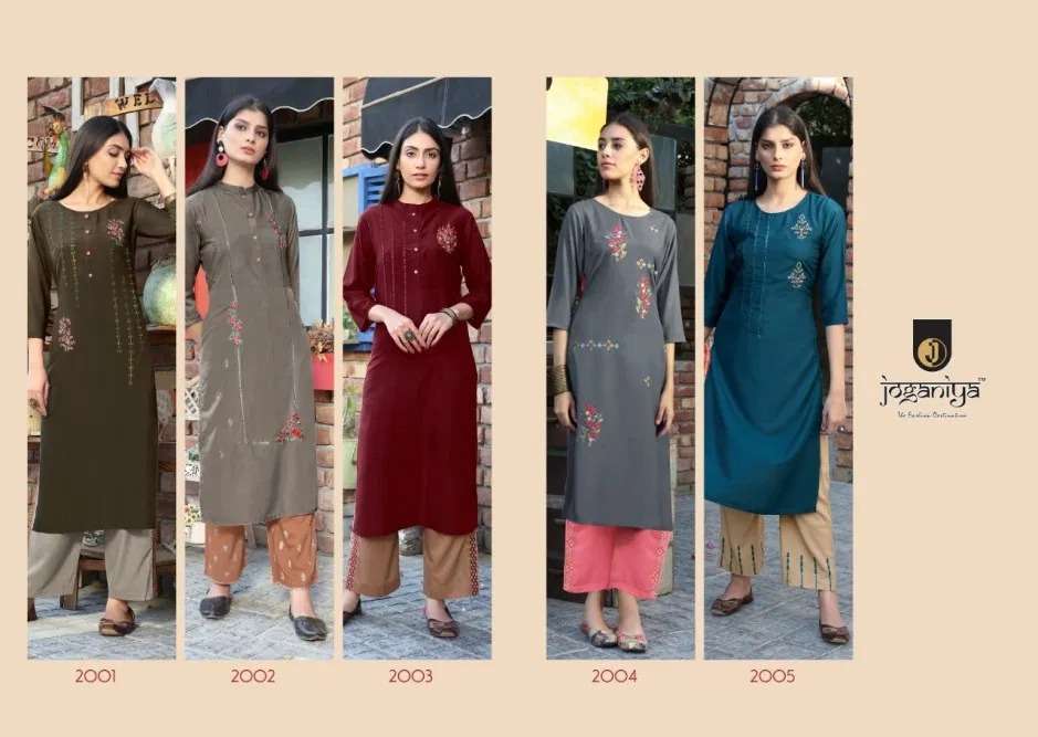 BLUSH BY JOGANIYA 2001 TO 2006 SERIES BEAUTIFUL STYLISH FANCY COLORFUL CASUAL WEAR & ETHNIC WEAR MUSLIN EMBROIDERED KURTIS WITH BOTTOM AT WHOLESALE PRICE