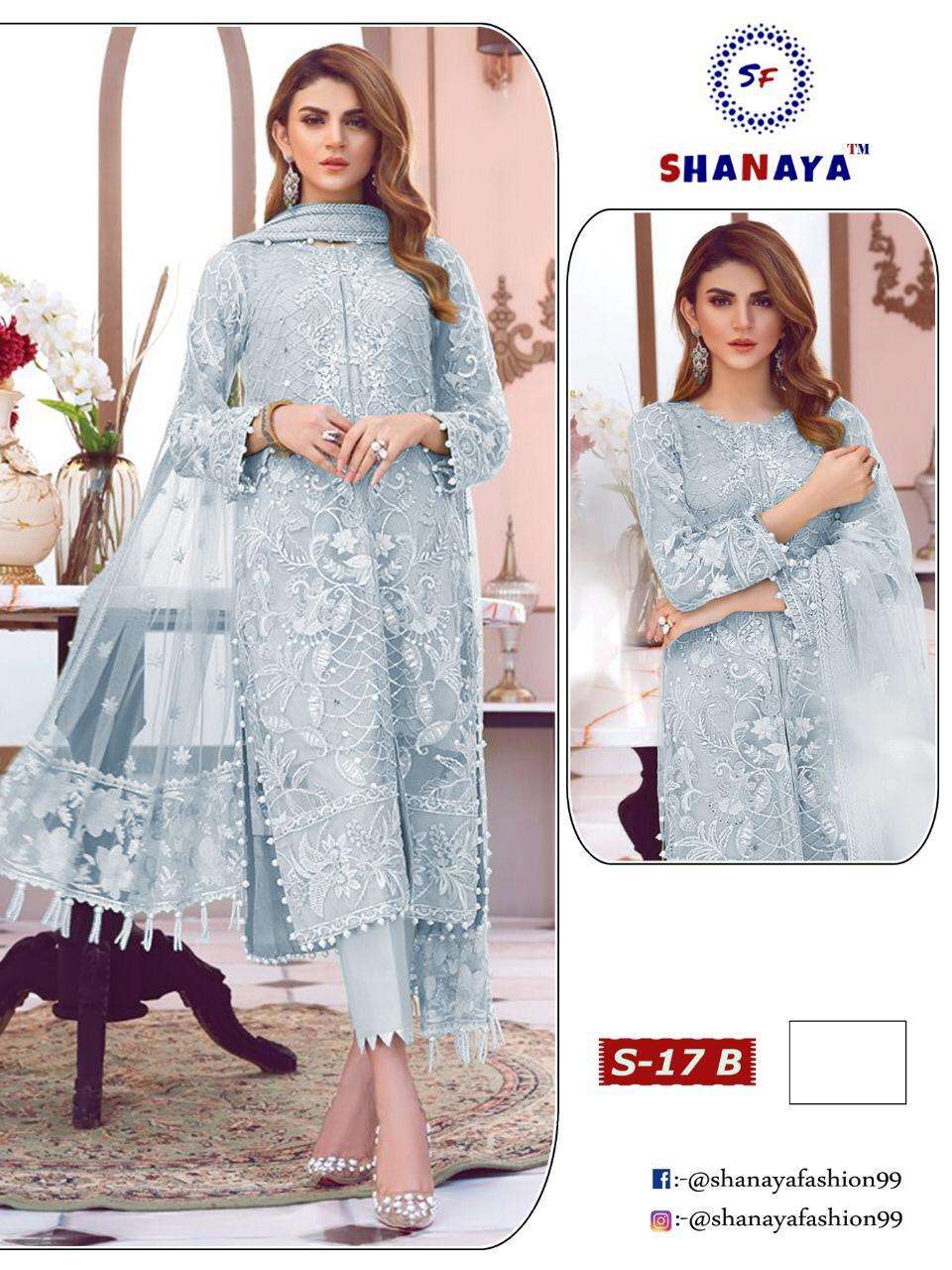 SHANAYA HIT DESIGN S-17 COLOUR BY SHANAYA FASHION 17 TO 17-C SERIES BEAUTIFUL SUITS STYLISH FANCY COLORFUL PARTY WEAR & OCCASIONAL WEAR HEAVY BUTTERFLY NET WITH HEAVY WORK DRESSES AT WHOLESALE PRICE