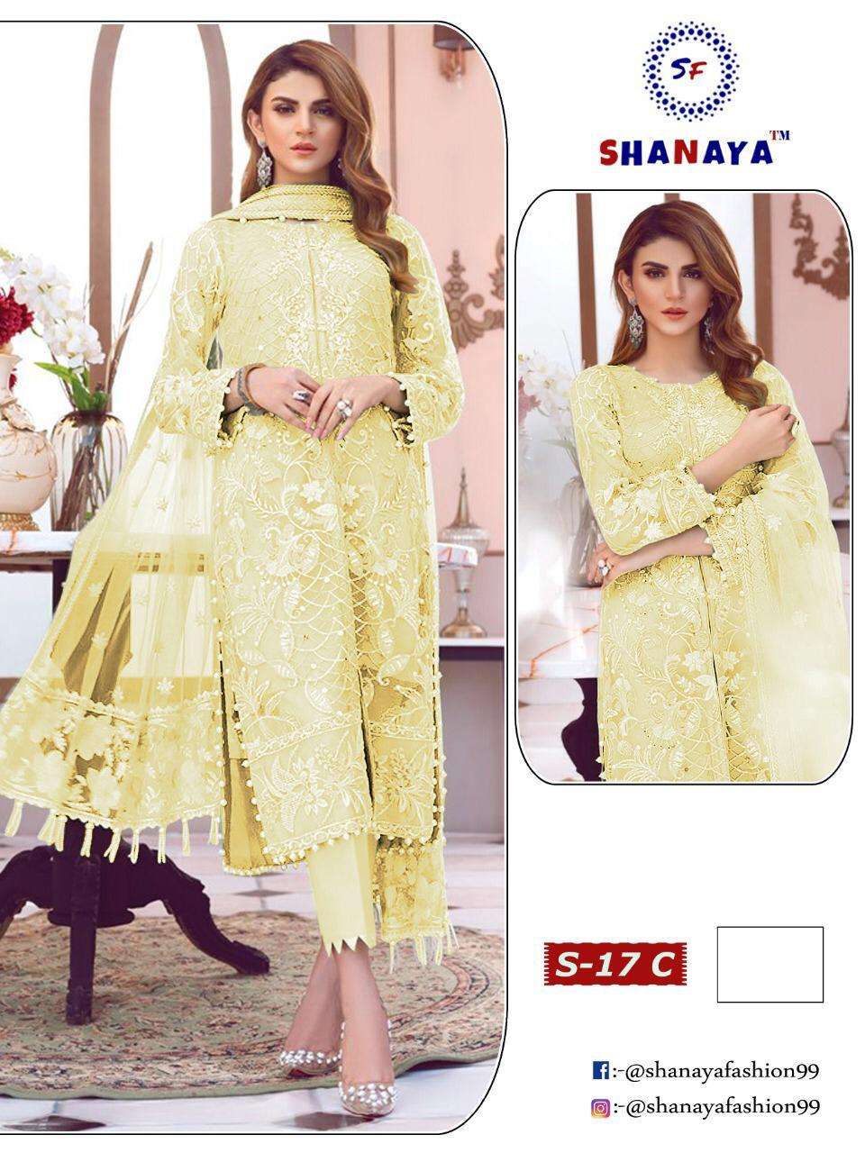SHANAYA HIT DESIGN S-17 COLOUR BY SHANAYA FASHION 17 TO 17-C SERIES BEAUTIFUL SUITS STYLISH FANCY COLORFUL PARTY WEAR & OCCASIONAL WEAR HEAVY BUTTERFLY NET WITH HEAVY WORK DRESSES AT WHOLESALE PRICE