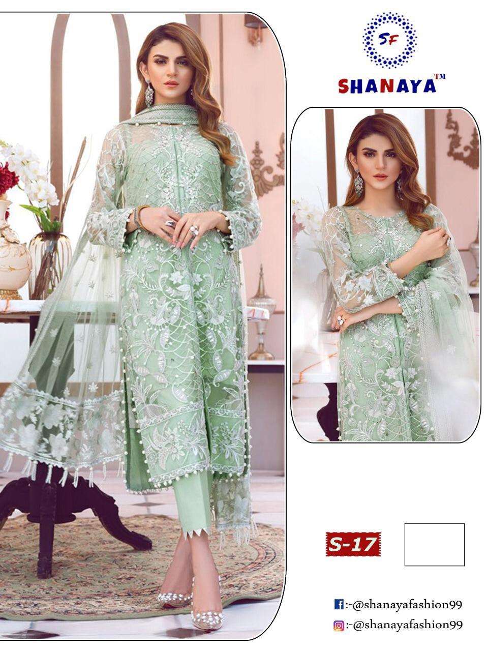 SHANAYA HIT DESIGN S-17 COLOUR BY SHANAYA FASHION 17 TO 17-C SERIES BEAUTIFUL SUITS STYLISH FANCY COLORFUL PARTY WEAR & OCCASIONAL WEAR HEAVY BUTTERFLY NET WITH HEAVY WORK DRESSES AT WHOLESALE PRICE