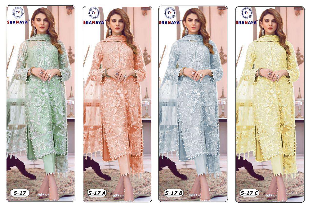 SHANAYA HIT DESIGN S-17 COLOUR BY SHANAYA FASHION 17 TO 17-C SERIES BEAUTIFUL SUITS STYLISH FANCY COLORFUL PARTY WEAR & OCCASIONAL WEAR HEAVY BUTTERFLY NET WITH HEAVY WORK DRESSES AT WHOLESALE PRICE