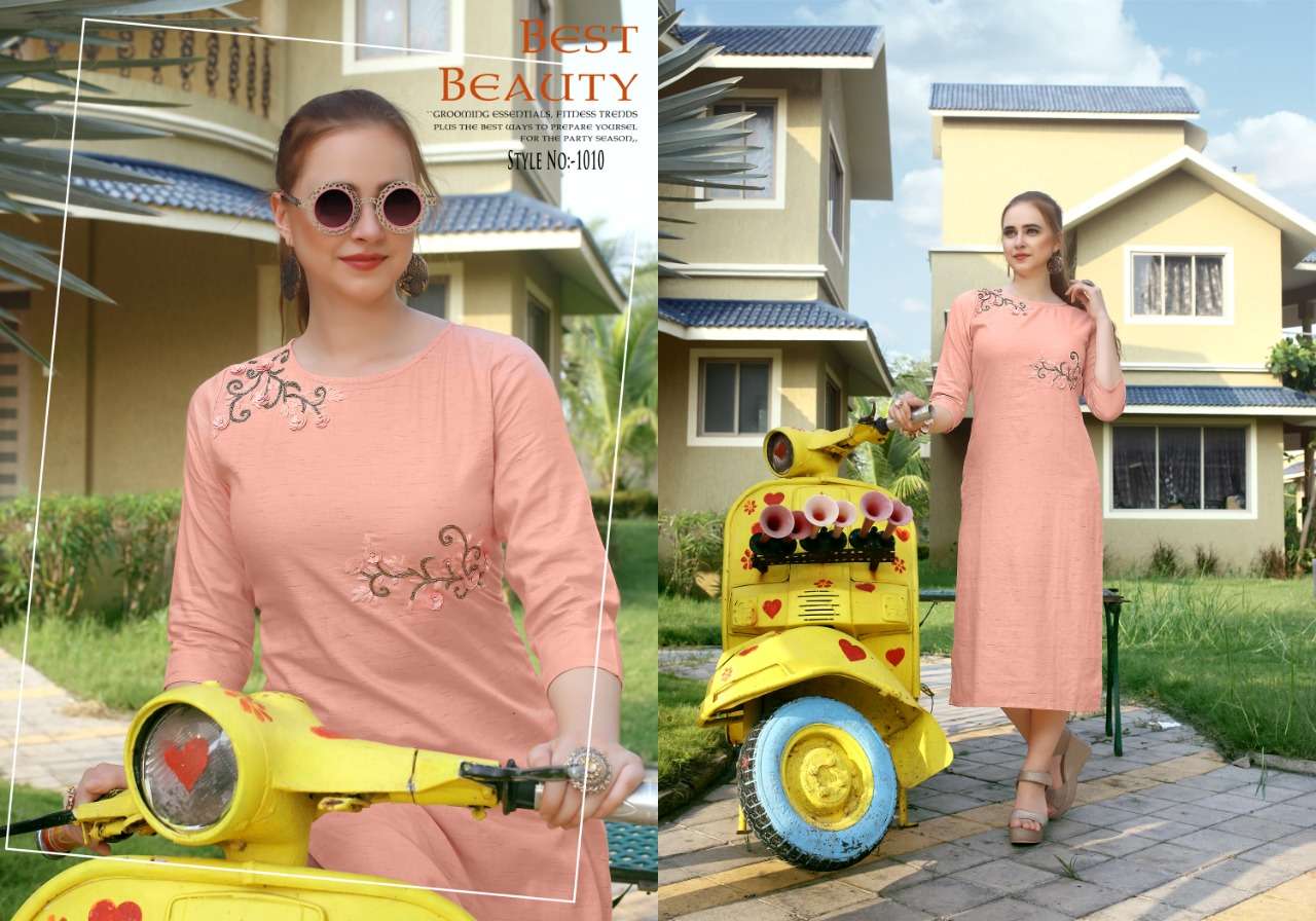 NOSHI BY NEETI CREATION 1008 TO 1013 SERIES STYLISH FANCY BEAUTIFUL COLORFUL CASUAL WEAR & ETHNIC WEAR 14 KG RAYON HEAVY DRY SILK / RAYON SLUB/ TIM TIM COTTON KURTIS AT WHOLESALE PRICE