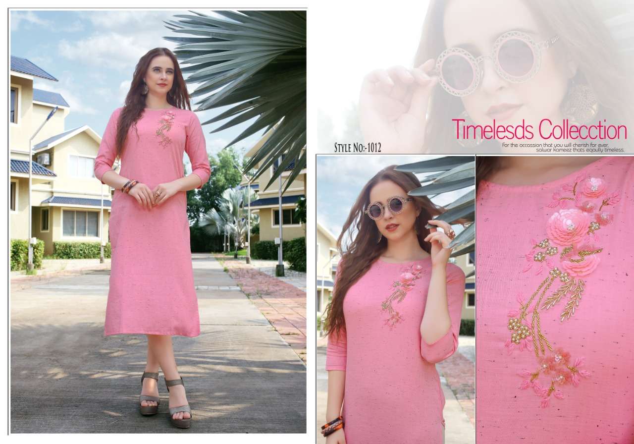 NOSHI BY NEETI CREATION 1008 TO 1013 SERIES STYLISH FANCY BEAUTIFUL COLORFUL CASUAL WEAR & ETHNIC WEAR 14 KG RAYON HEAVY DRY SILK / RAYON SLUB/ TIM TIM COTTON KURTIS AT WHOLESALE PRICE